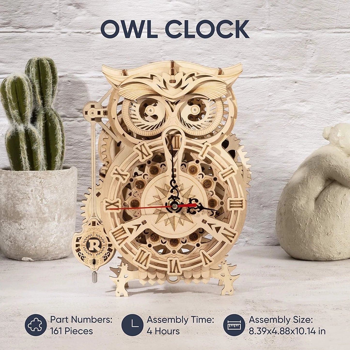 ROBOTIME ROKR DIY 3D Owl Wooden Clock Kit – Creative Building Blocks for Kids & Home Decoration (LK503)