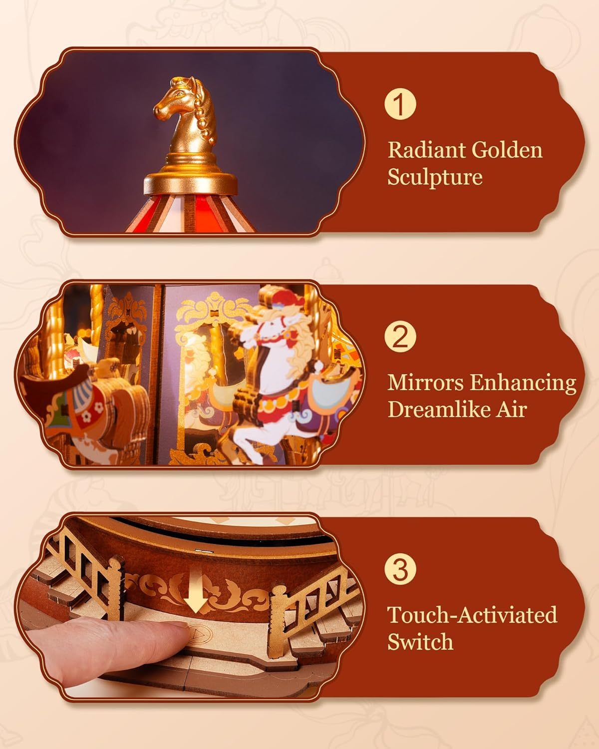 ROBOTIME 3D Wooden Puzzle – Classic Carousel Music Box with LED Lights, Model Kit for Adults