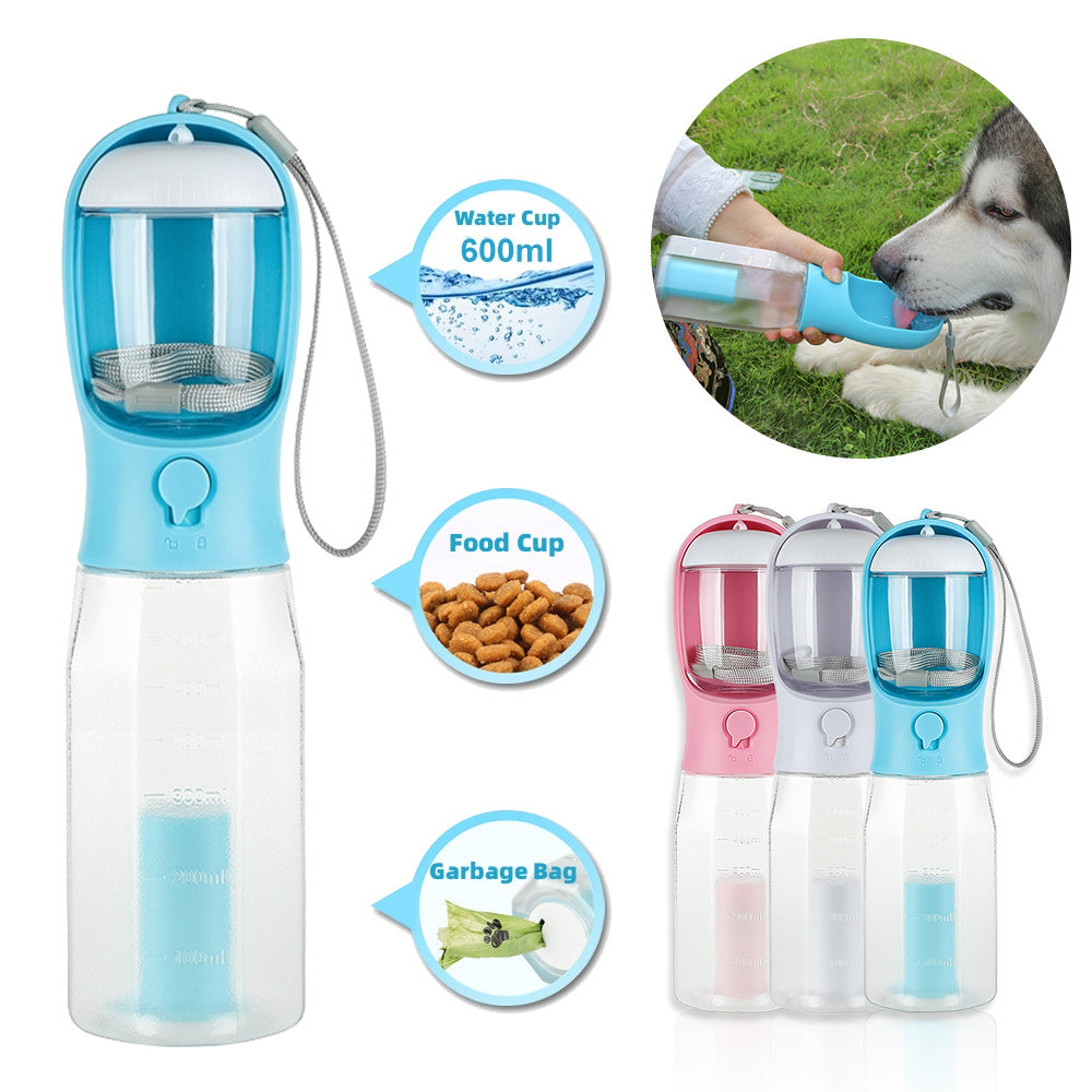“Portable 3-in-1 pet water bottle, food feeder, and poop bag dispenser for dogs and cats – leak-proof travel bottle”