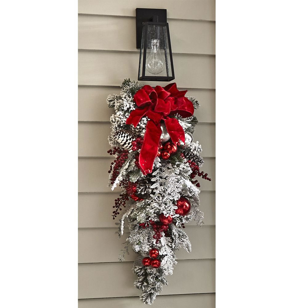 New Red Flocking Christmas Wreath & Rattan Garland – Outdoor Door Hanging Decoration | Pixel & Parcel Co.