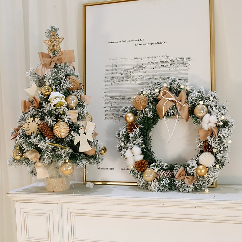 60cm Flocking Christmas Wreath & Desktop Ornament with Lights – Golden & Red Fruit Models