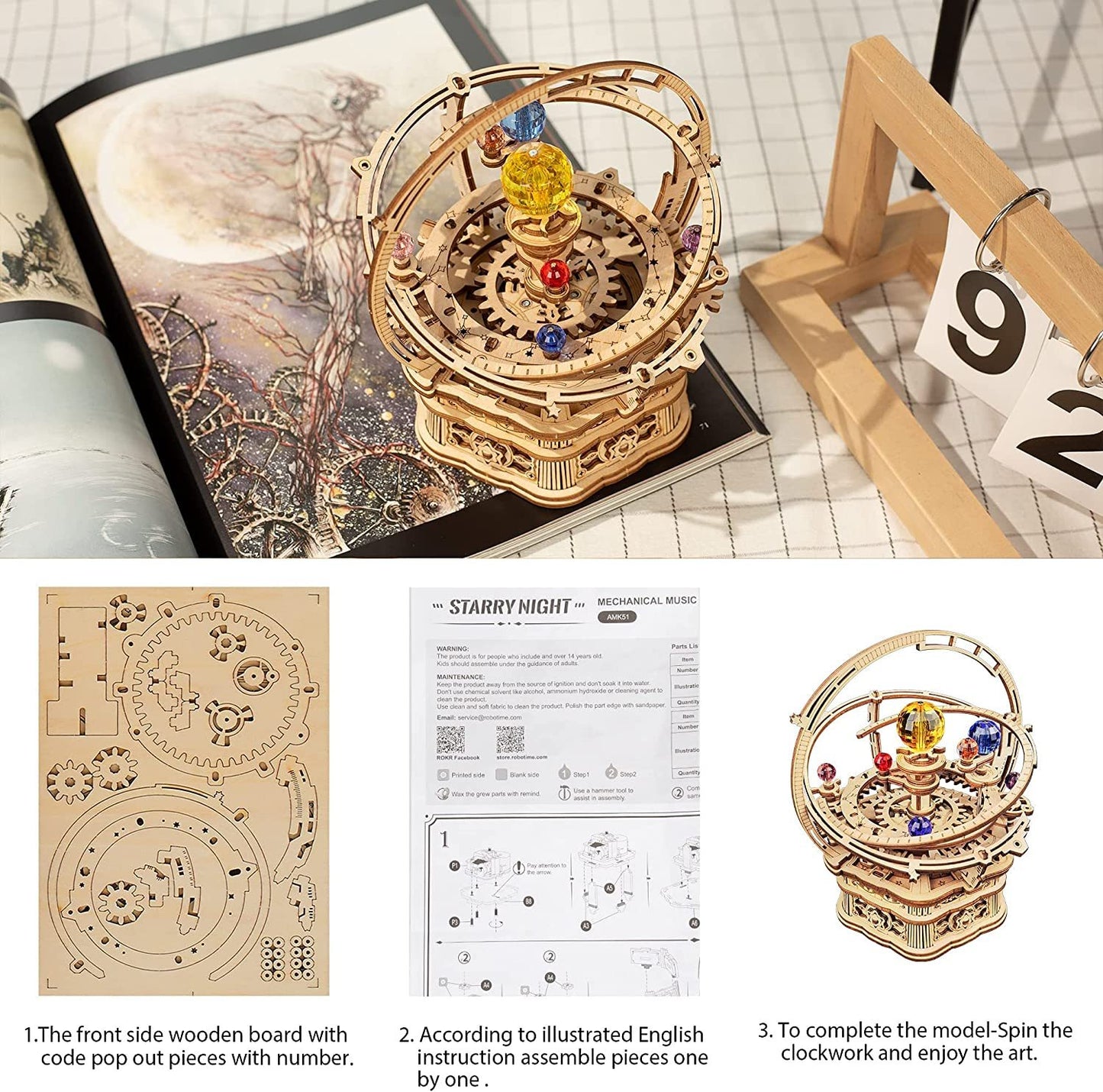 ROKR Rotating Starry Night Mechanical Music Box – 3D Wooden Puzzle Assembly Kit AMK51
