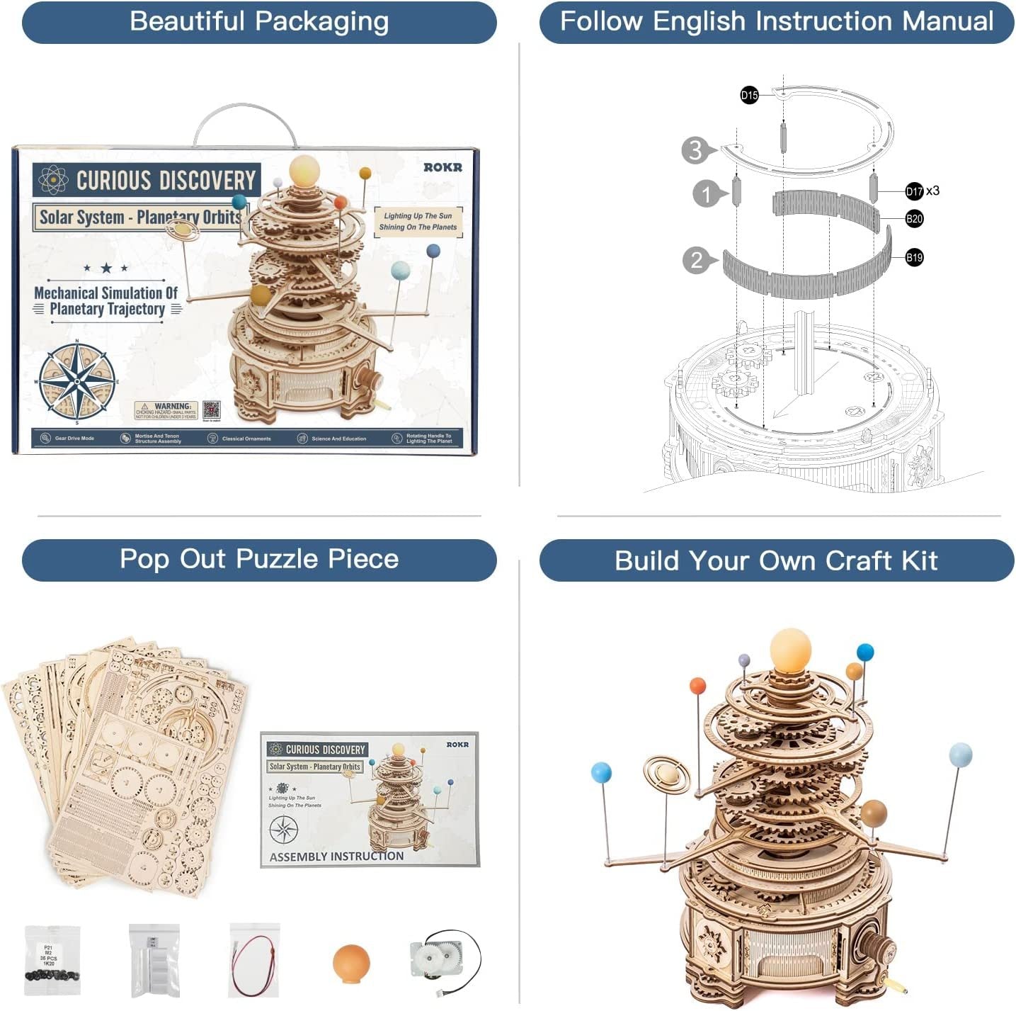 ROKR Mechanical Orrery 3D Wooden Puzzle — 316PCS Rotatable Model Kit