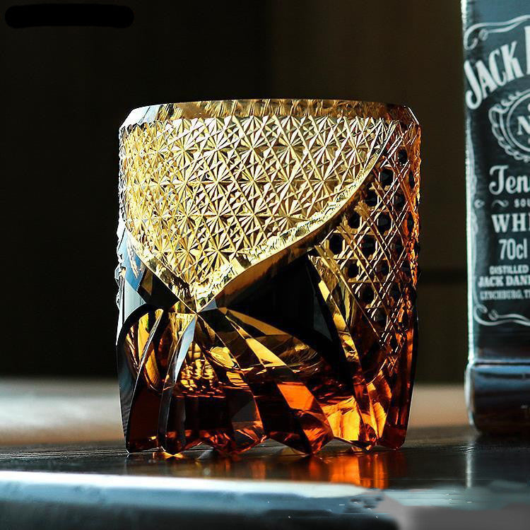 “Japanese Style Crystal Whiskey Glass – Amber Black Engraved Cup”