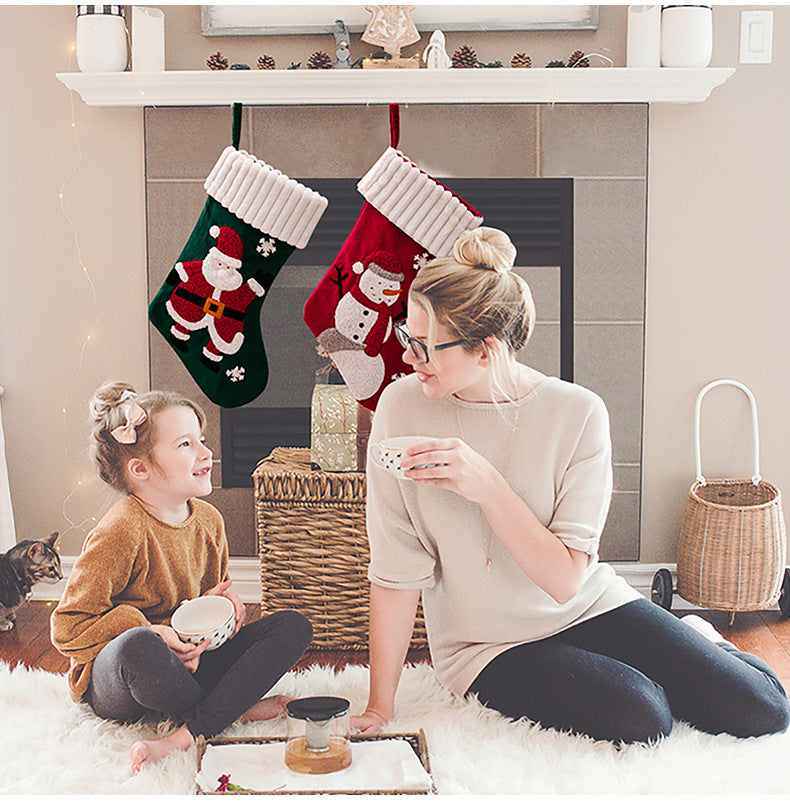 Gold Velvet Patch Christmas Stockings – Festive Cloth Holiday Decorations (Santa, Snowman, Dwarf)