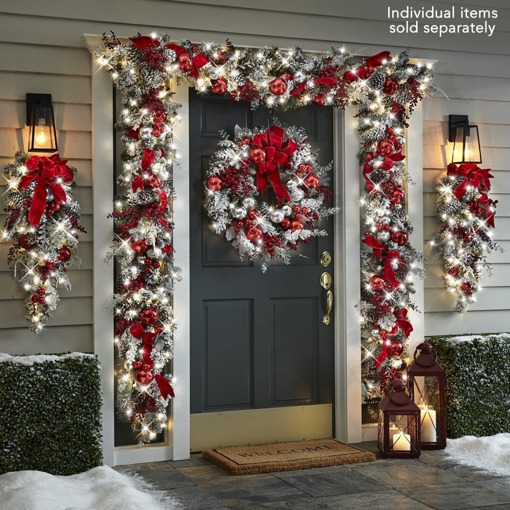 New Red Flocking Christmas Wreath & Rattan Garland – Outdoor Door Hanging Decoration | Pixel & Parcel Co.