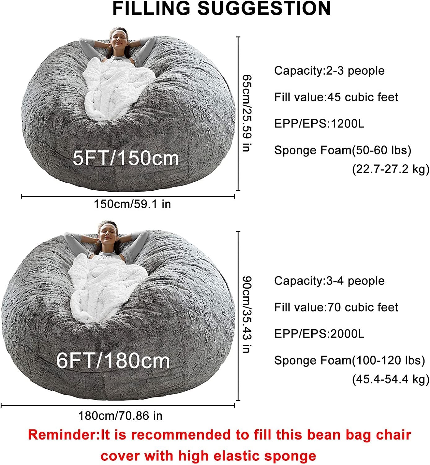 Bag Chair Cover – Soft Fluffy PV Velvet Bean Bag Sofa Bed Cover (6ft, Dark Grey)