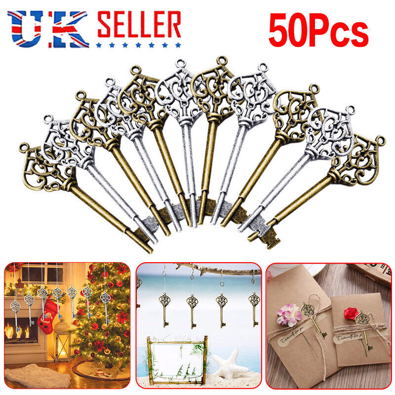 50pcs Santa Keys Charms – Tibetan Silver Christmas Skeleton Pendant Set