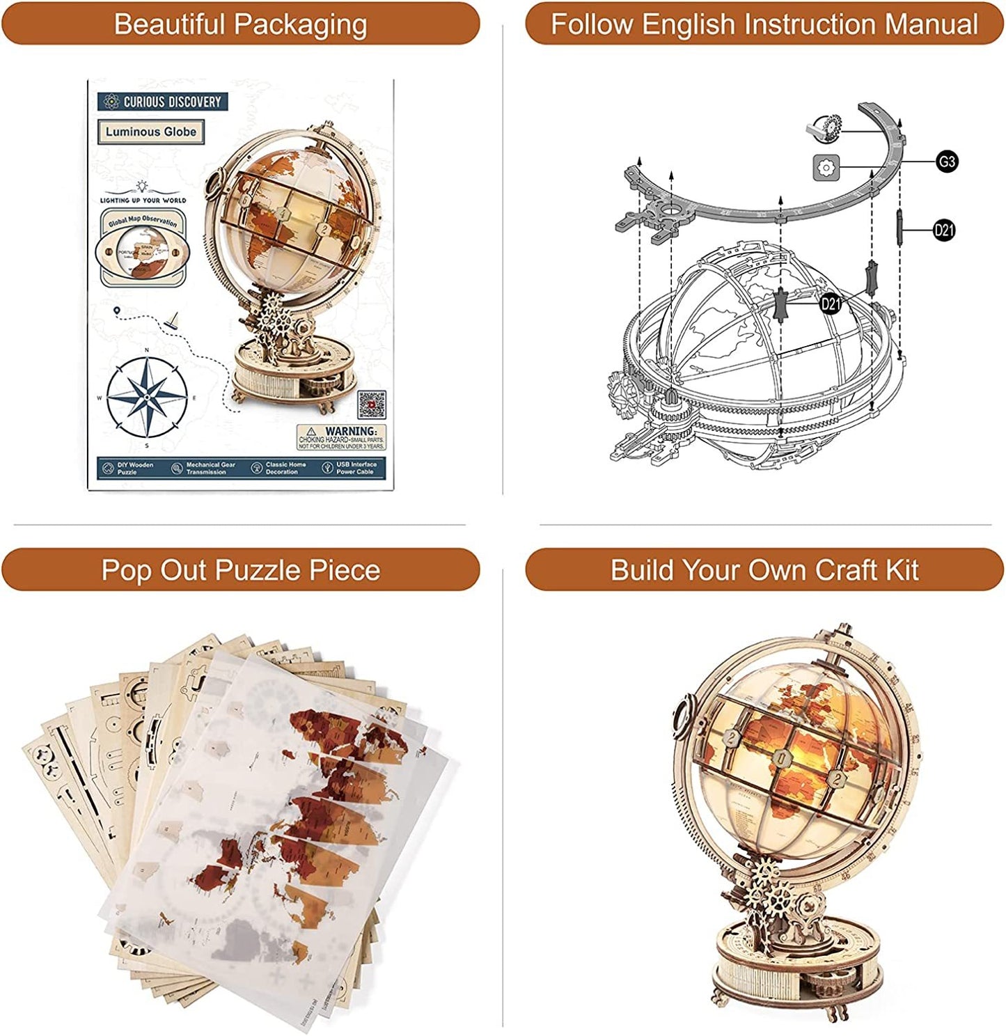 ROKR Luminous Globe – 3D Wooden Puzzle Model Kit (180 PCS)
