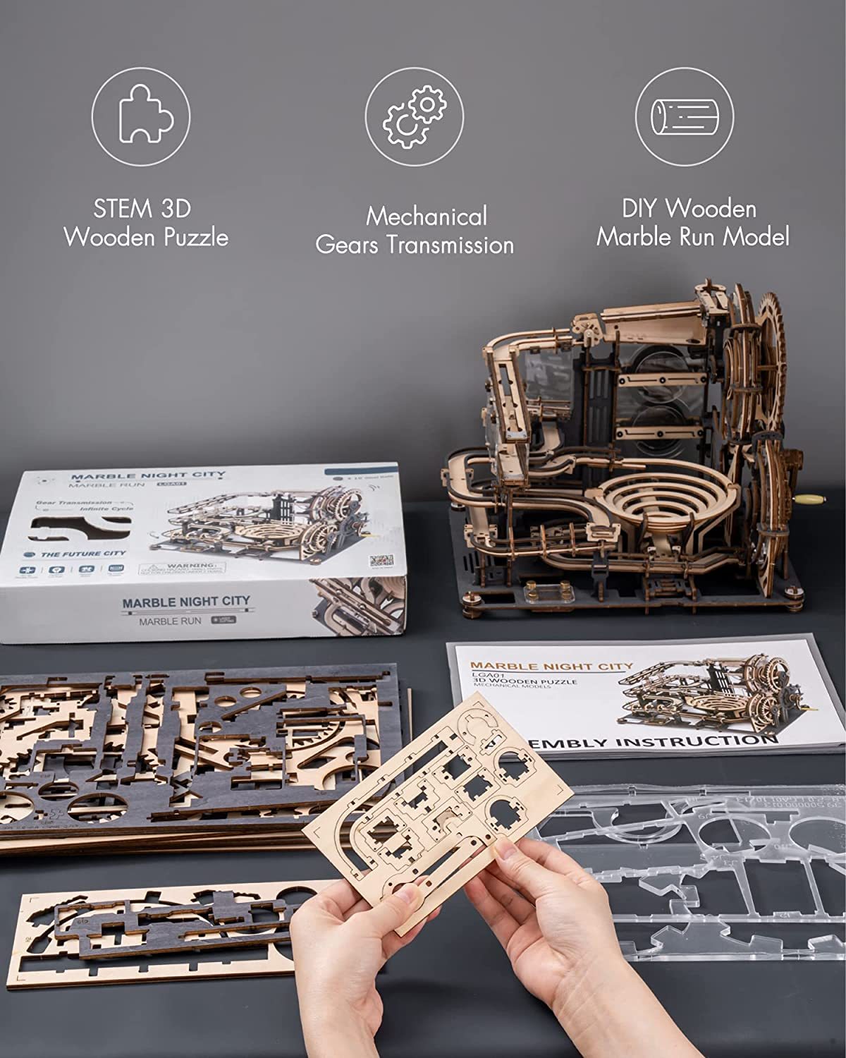 Robotime ROKR Marble Night City – 3D Wooden Puzzle Waterwheel Model Kit