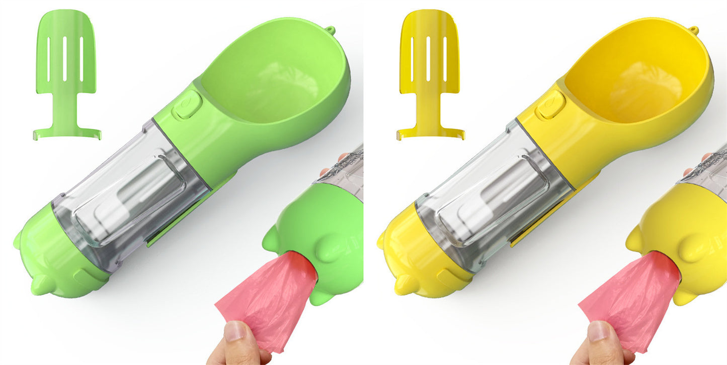 3-in-1 Portable Pet Water Bottle – Feeder Bowl & Garbage Bag Storage for Outdoor Travel