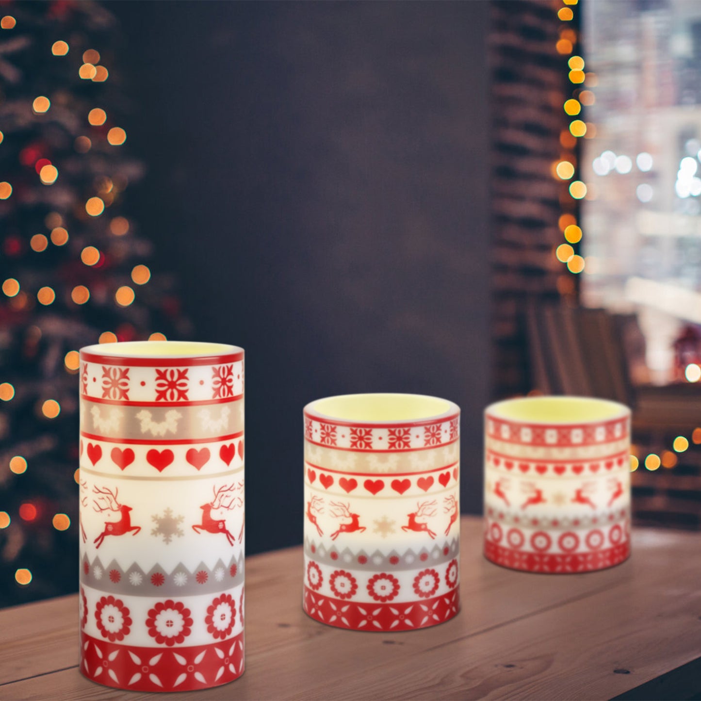 3 Pack Christmas Flameless LED Candles – Deer Print Flickering Pillar Lights with Timer & Remote