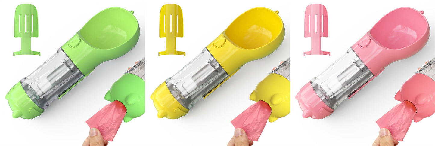 3-in-1 Portable Pet Water Bottle – Feeder Bowl & Garbage Bag Storage for Outdoor Travel