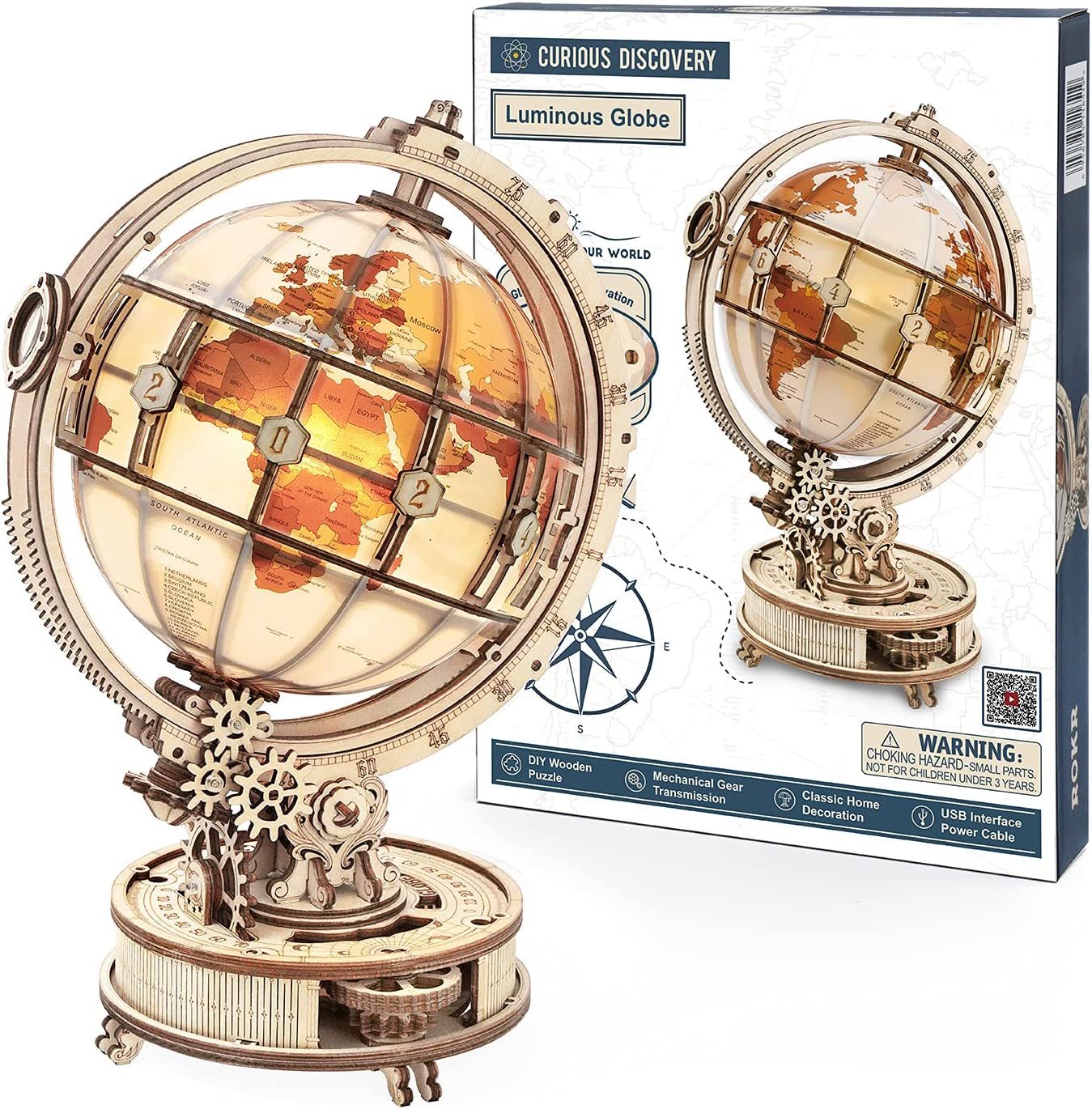 ROKR Luminous Globe – 3D Wooden Puzzle Model Kit (180 PCS)