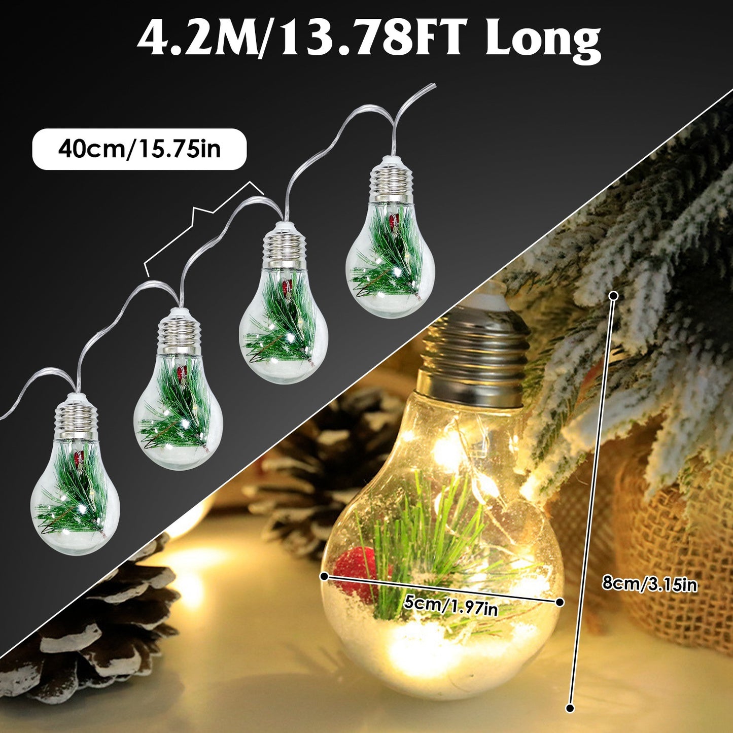 13.78FT Christmas Snow Globe String Lights – 10 LED Bulbs with Pine Needles, Snowflakes & Berries, Battery Powered