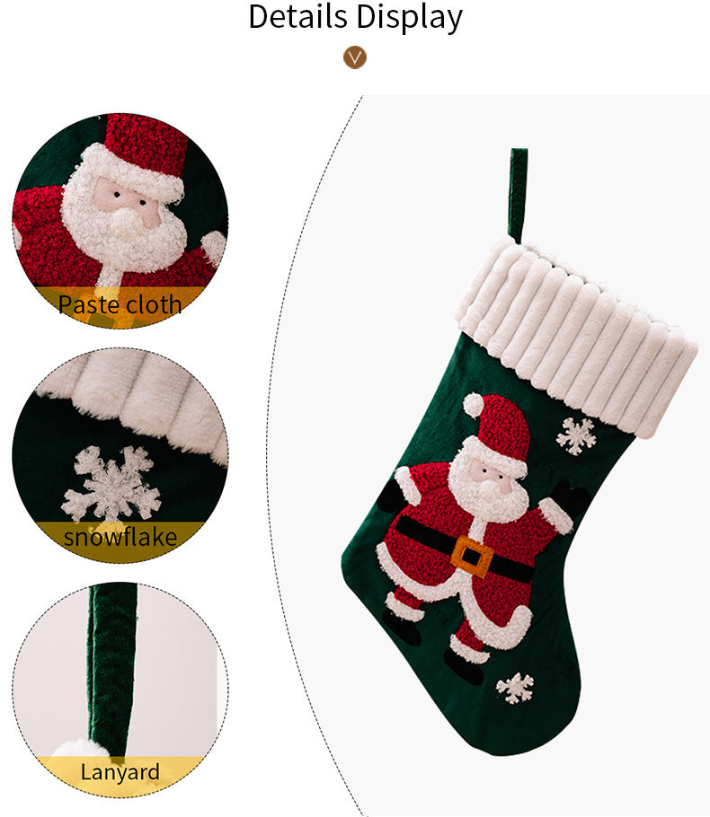 Gold Velvet Patch Christmas Stockings – Festive Cloth Holiday Decorations (Santa, Snowman, Dwarf)