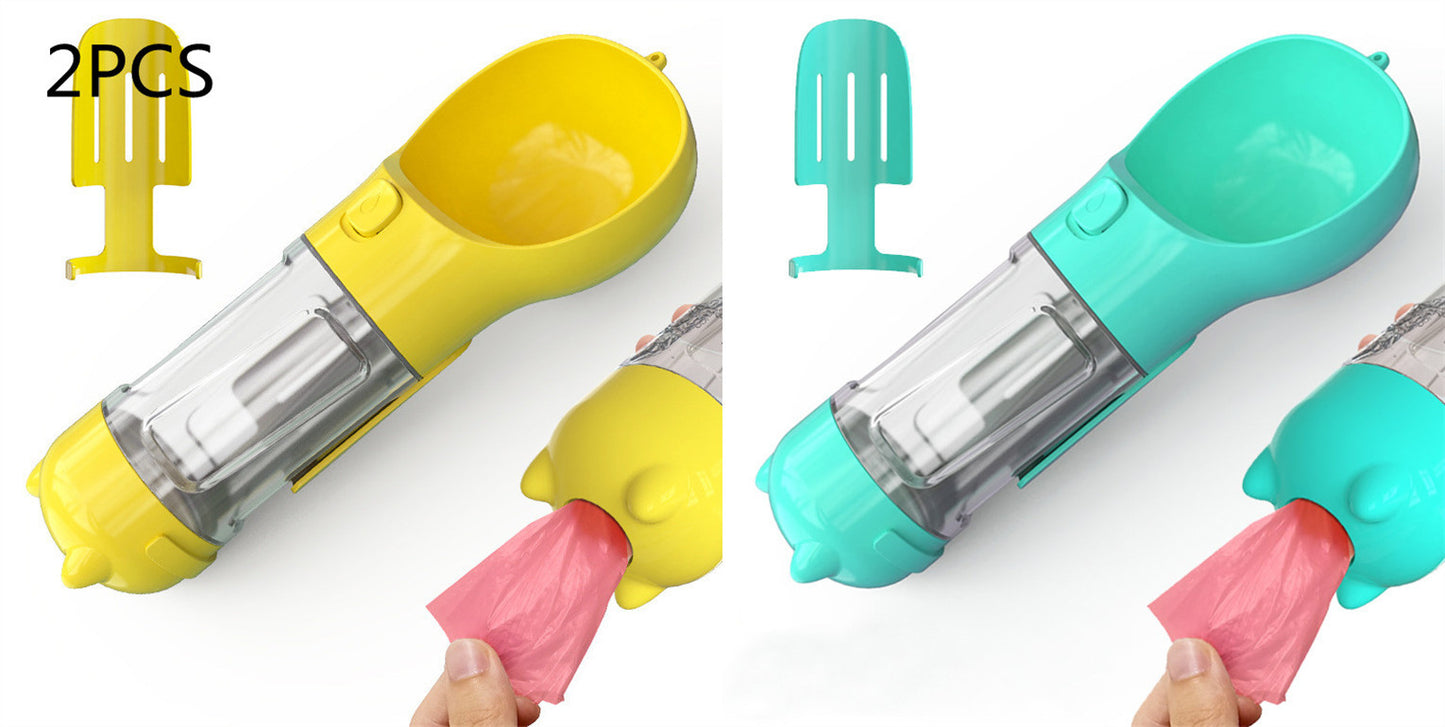 3-in-1 Portable Pet Water Bottle – Feeder Bowl & Garbage Bag Storage for Outdoor Travel