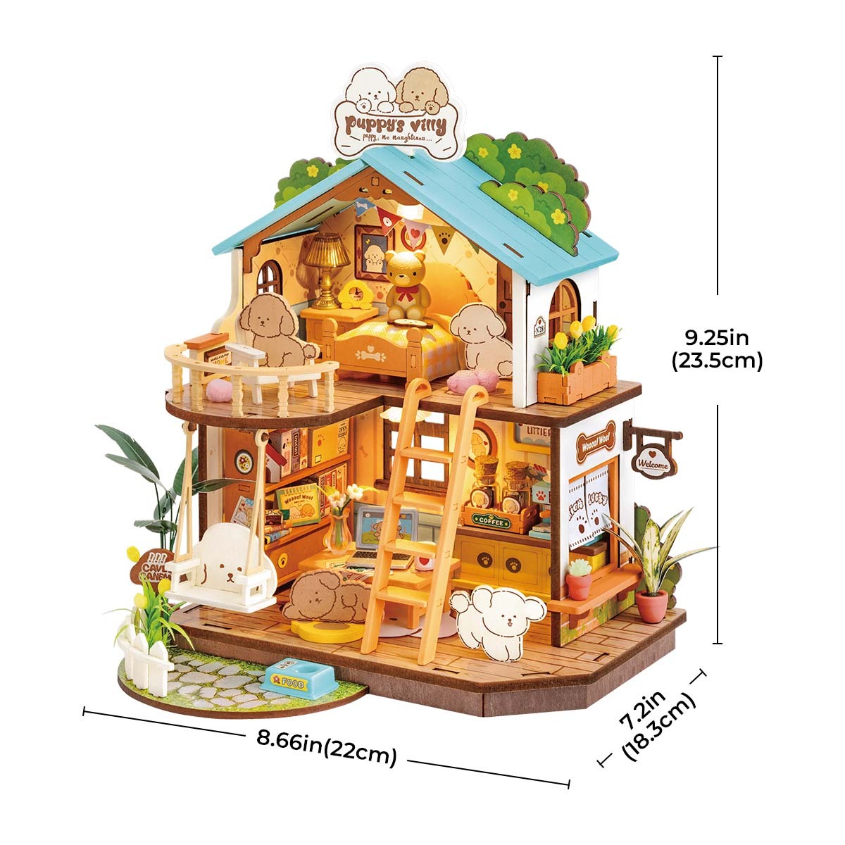 ROBOTIME DIY Miniature Dollhouse Kit – Puppy’s Cozy Villa with LED Lights & Furniture