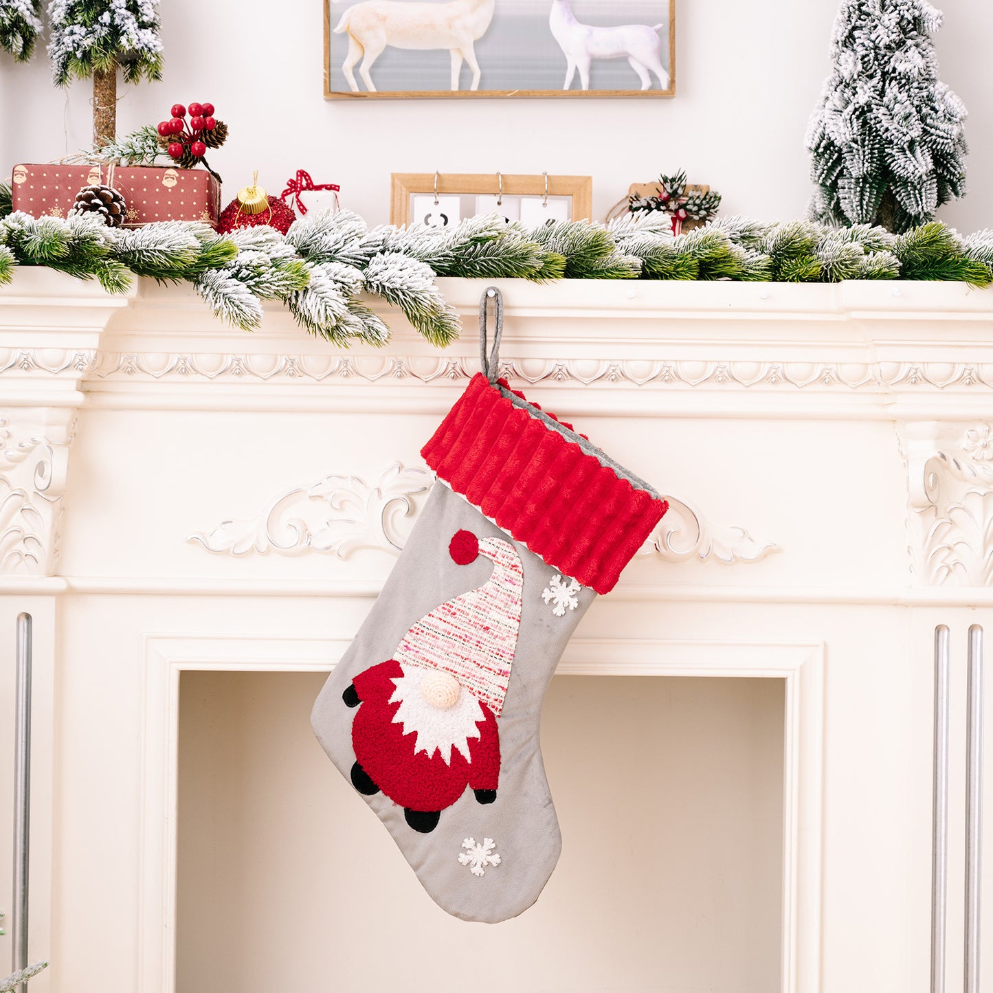 Gold Velvet Patch Christmas Stockings – Festive Cloth Holiday Decorations (Santa, Snowman, Dwarf)