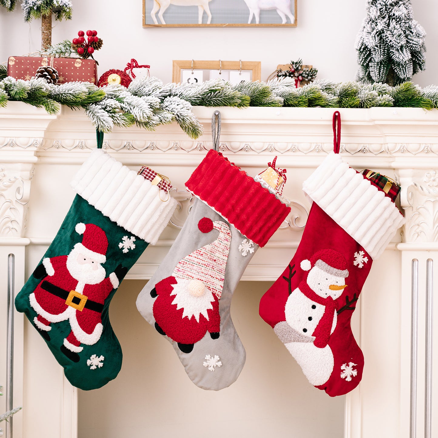 Gold Velvet Patch Christmas Stockings – Festive Cloth Holiday Decorations (Santa, Snowman, Dwarf)