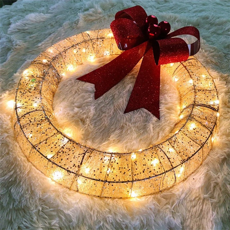 Christmas Garland 50cm LED Luminous Wreath with Warm Lights & Big Bowknot