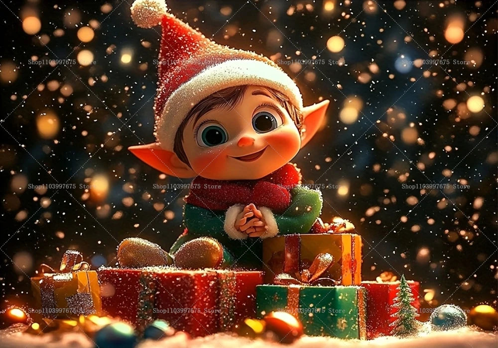 Christmas Cute Elf Scene Backdrop – Snowy Xmas Photo Booth Banner
