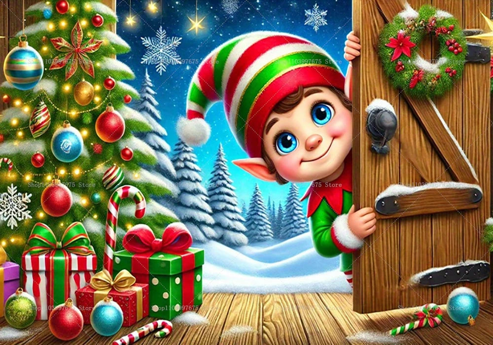 Christmas Cute Elf Scene Backdrop – Snowy Xmas Photo Booth Banner