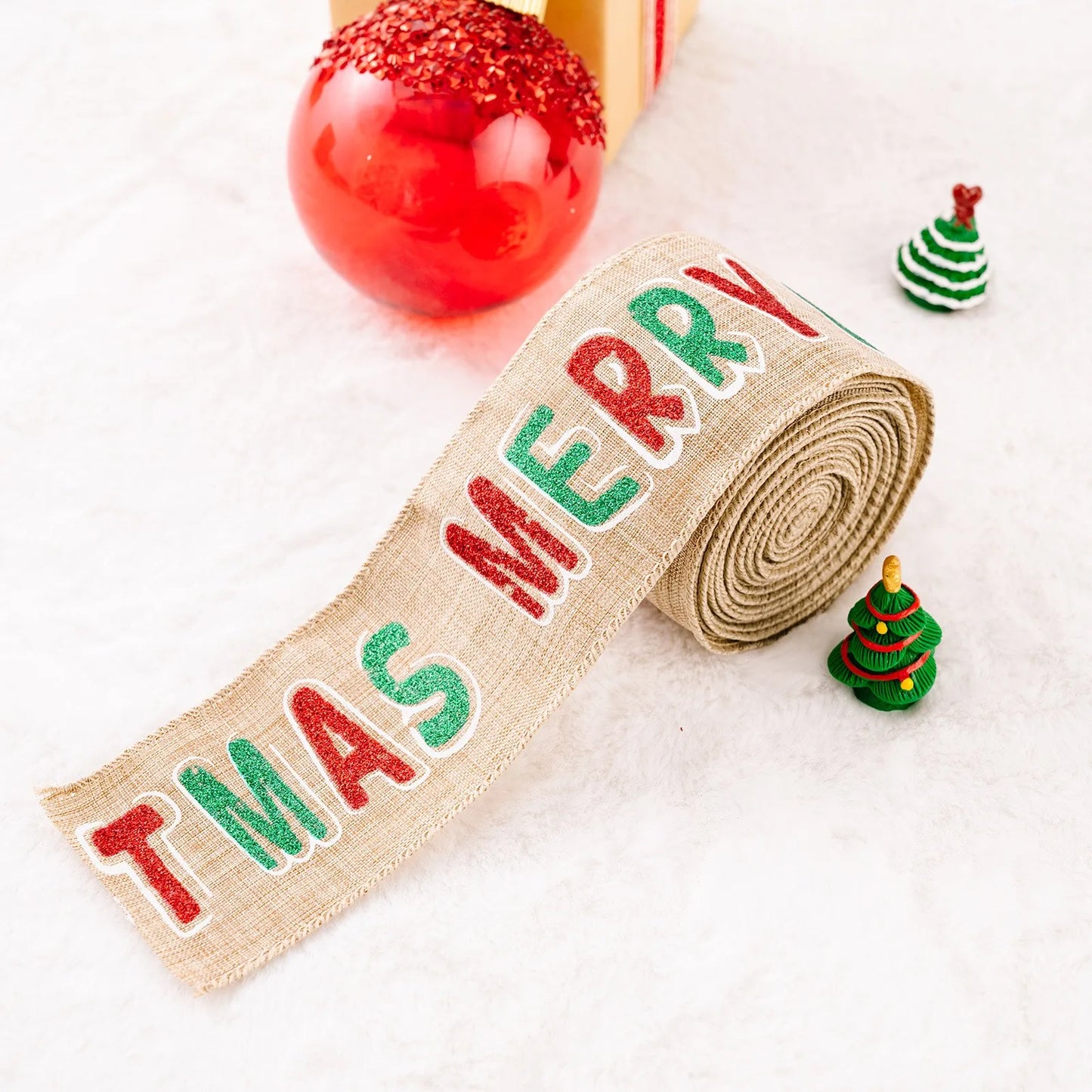 Christmas Burlap Fabric Ribbon – Wired Jute Decorative Ribbon for Trees & Crafts