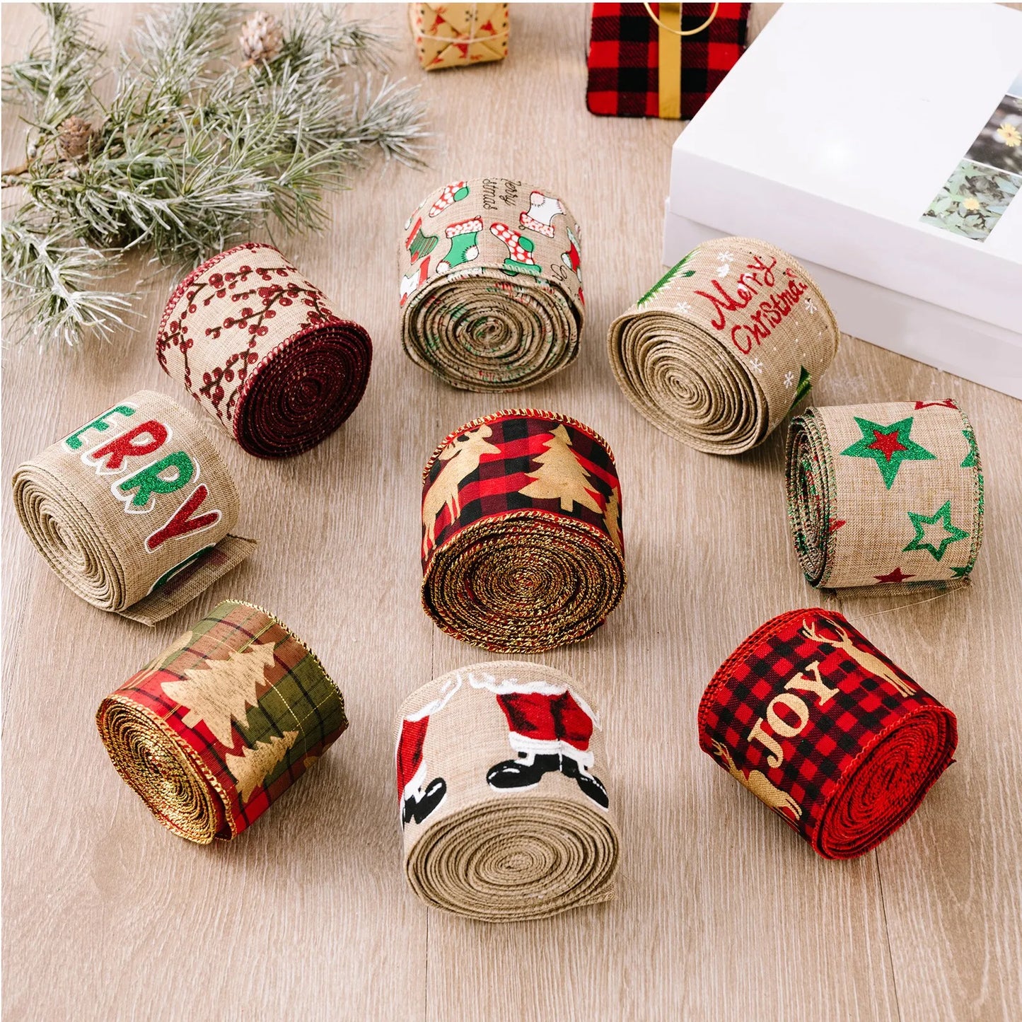 Christmas Burlap Fabric Ribbon – Wired Jute Decorative Ribbon for Trees & Crafts