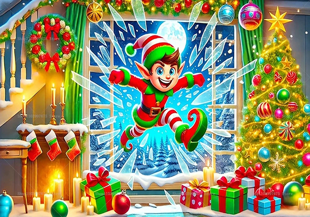 Christmas Cute Elf Scene Backdrop – Snowy Xmas Photo Booth Banner