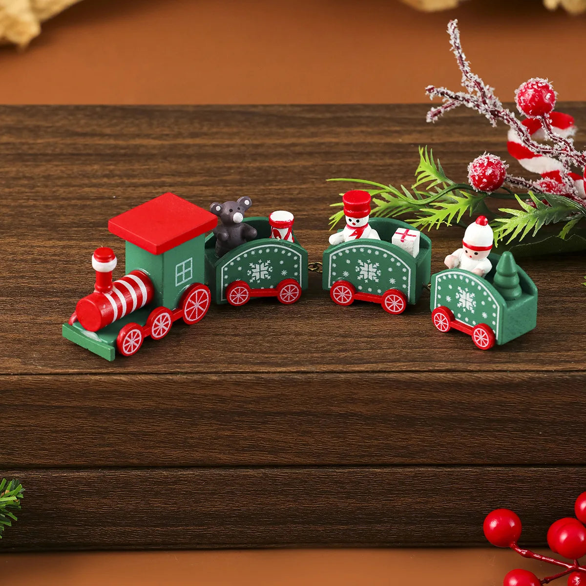 Wooden Christmas train with Santa and gifts