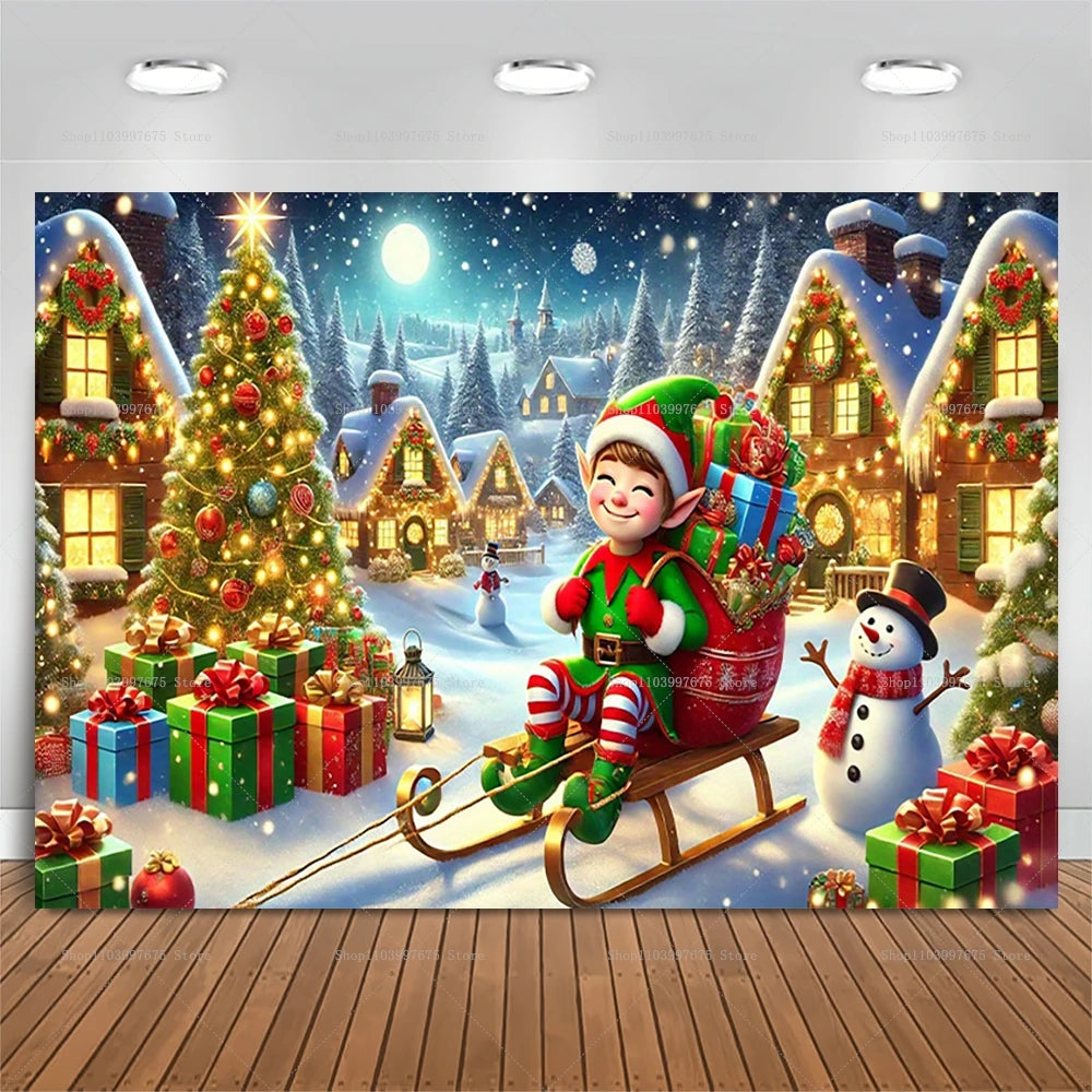 Christmas Cute Elf Scene Backdrop – Snowy Xmas Photo Booth Banner