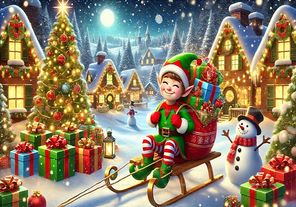Christmas Cute Elf Scene Backdrop – Snowy Xmas Photo Booth Banner