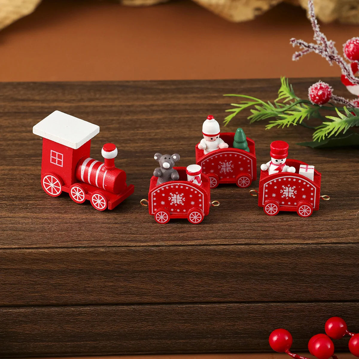 Holiday decor wooden train on table