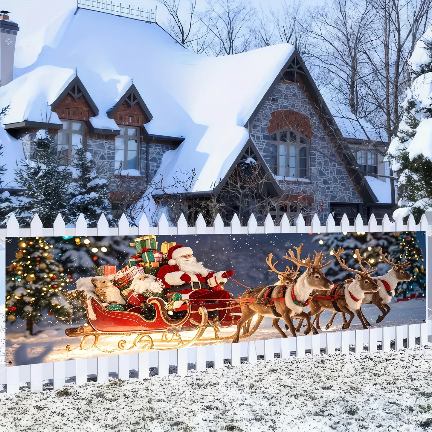 Christmas flag featuring Santa Claus and reindeer sleigh outdoor holiday decoration