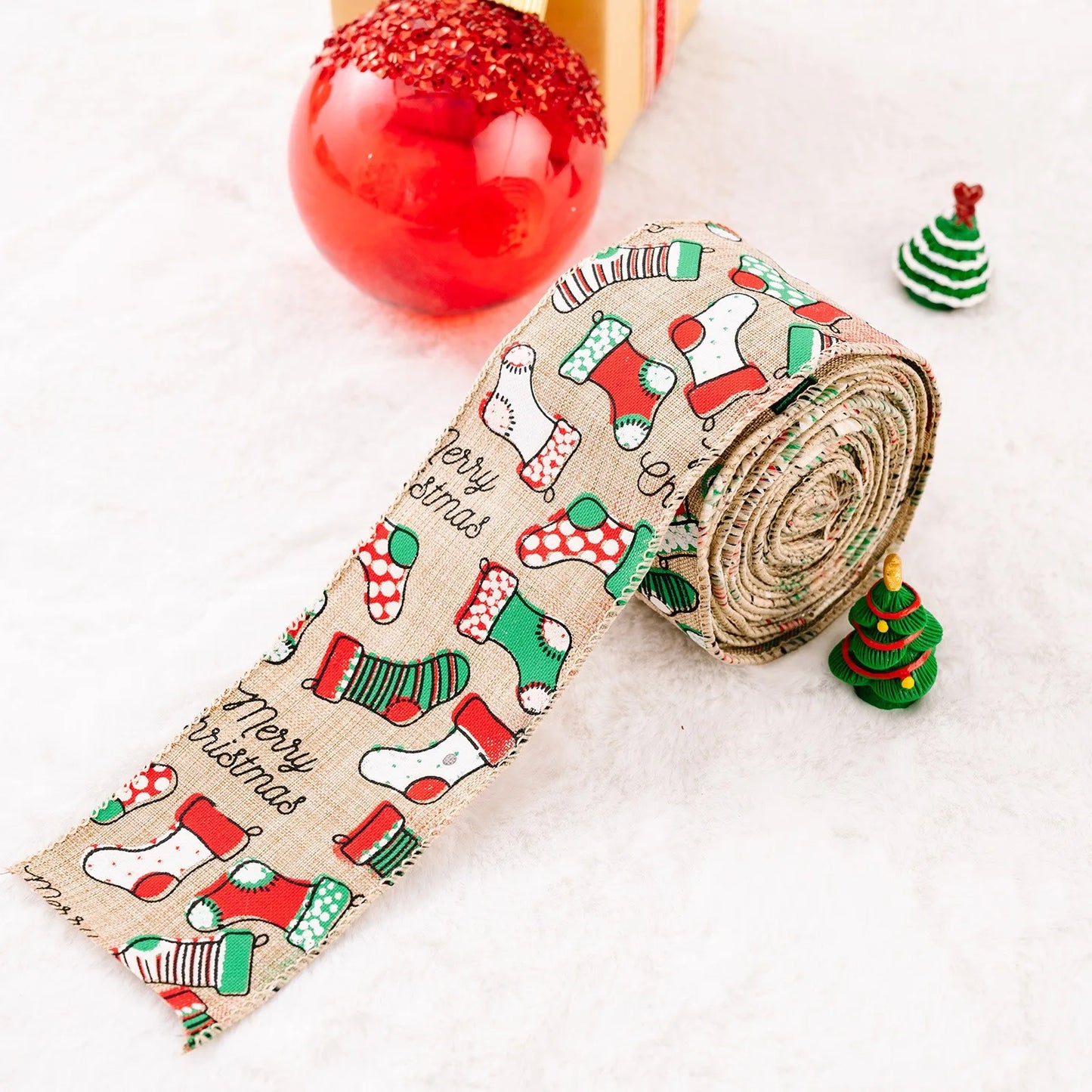Christmas Burlap Fabric Ribbon – Wired Jute Decorative Ribbon for Trees & Crafts