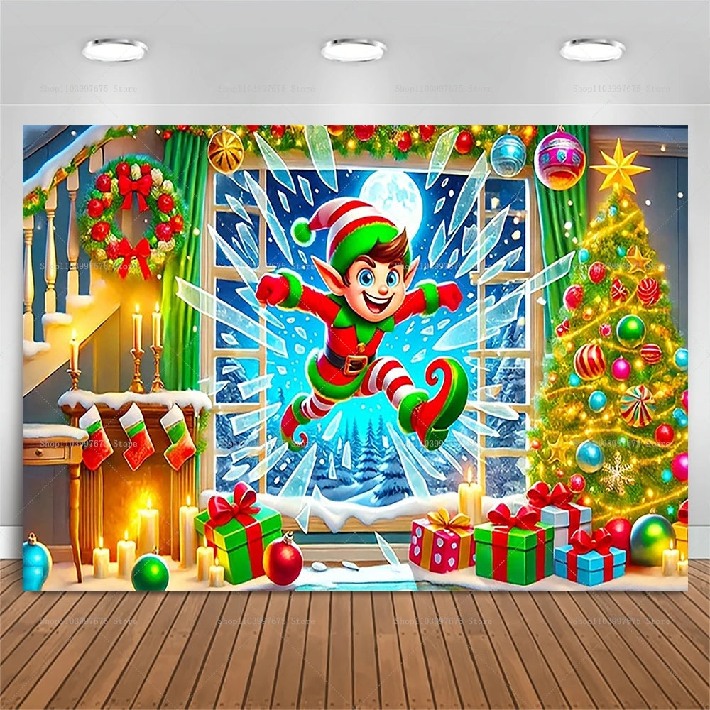 Christmas Cute Elf Scene Backdrop – Snowy Xmas Photo Booth Banner