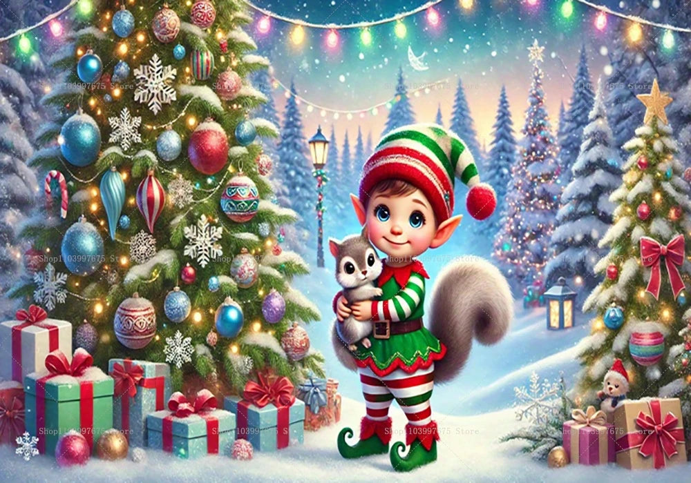 Snow backdrop with elves for holiday photos