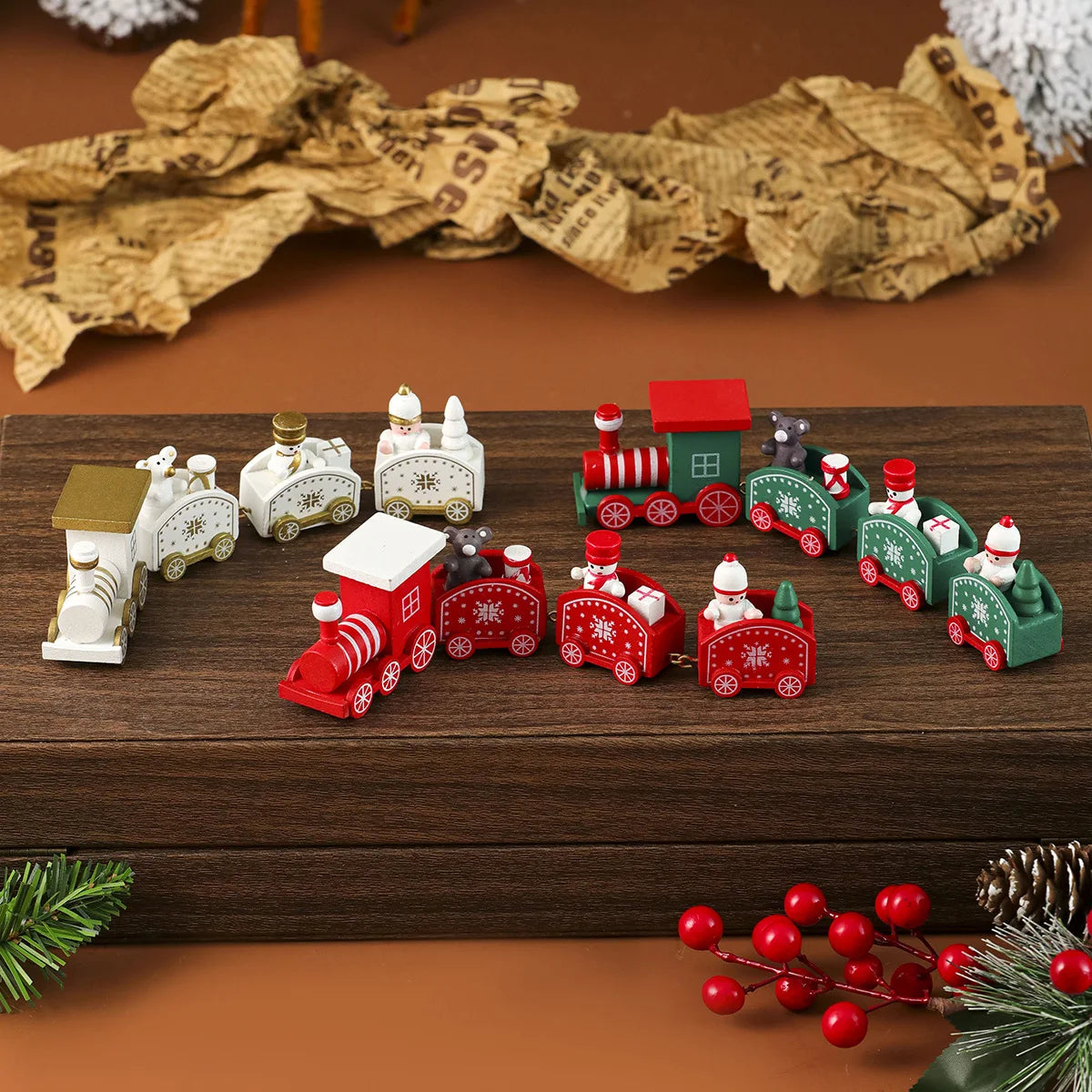 Festive wooden craft holiday train ornament