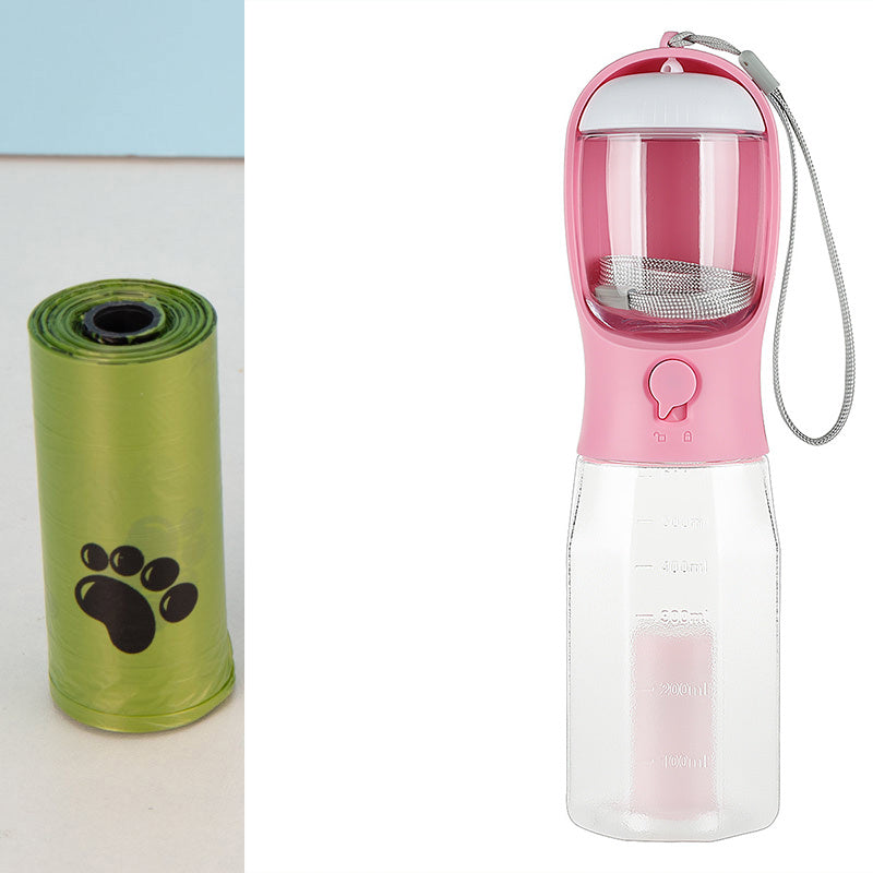 Portable 3-in-1 Pet Water Bottle & Food Feeder with Poop Bag Dispenser – Leak-Proof Dog & Cat Travel Bottle
