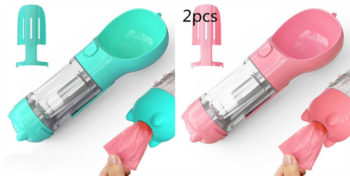 3-in-1 Portable Pet Water Bottle – Feeder Bowl & Garbage Bag Storage for Outdoor Travel