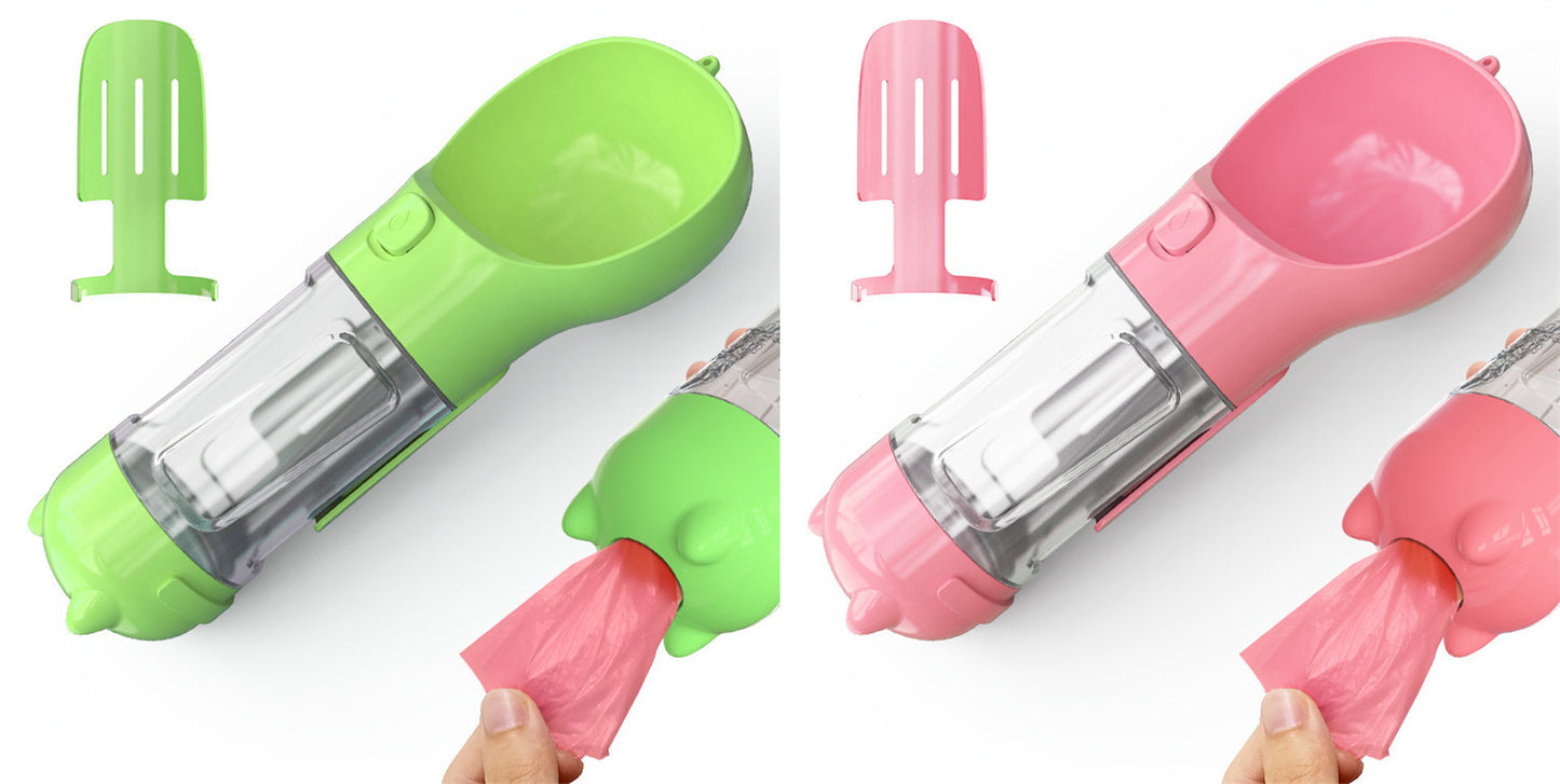 3-in-1 Portable Pet Water Bottle – Feeder Bowl & Garbage Bag Storage for Outdoor Travel