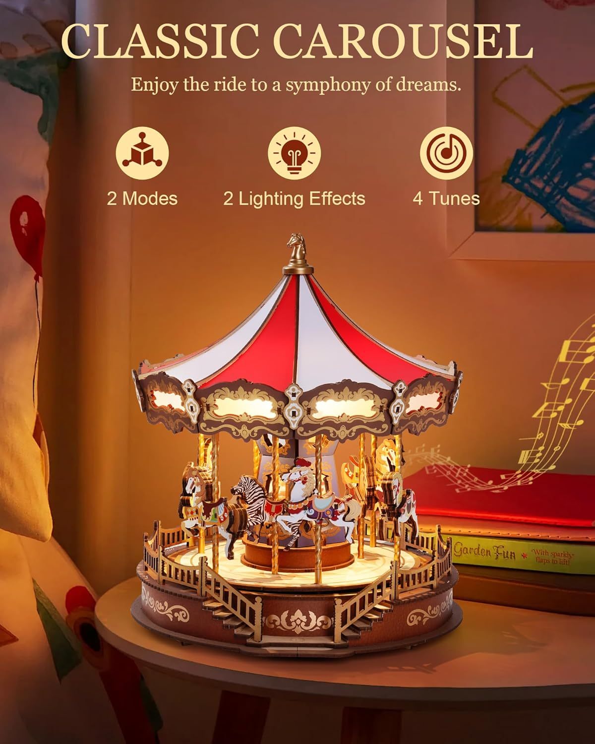 ROBOTIME 3D Wooden Puzzle – Classic Carousel Music Box with LED Lights, Model Kit for Adults
