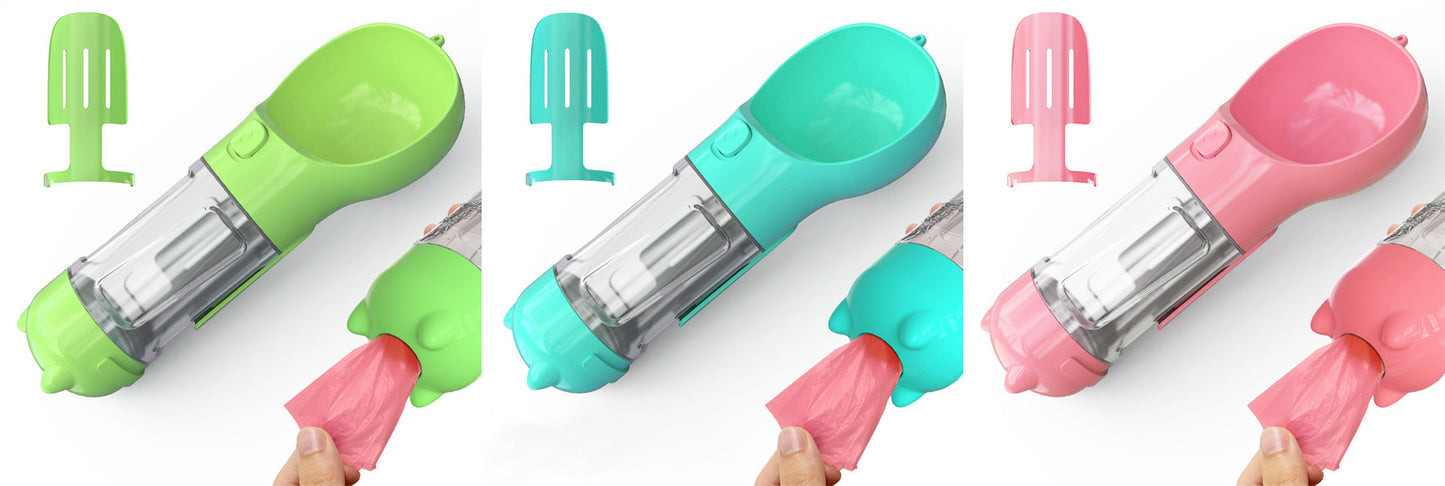 3-in-1 Portable Pet Water Bottle – Feeder Bowl & Garbage Bag Storage for Outdoor Travel
