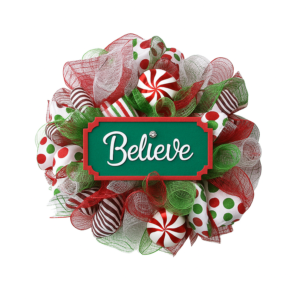 Believe Christmas wreath 42cm with ribbons and sign on door