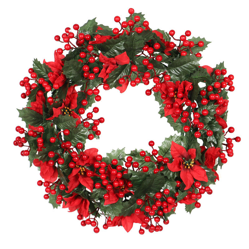 Green Trident Leaves & Red Flowers Christmas Wreath – 50CM Modern Decoration | Pixel & Parcel Co.