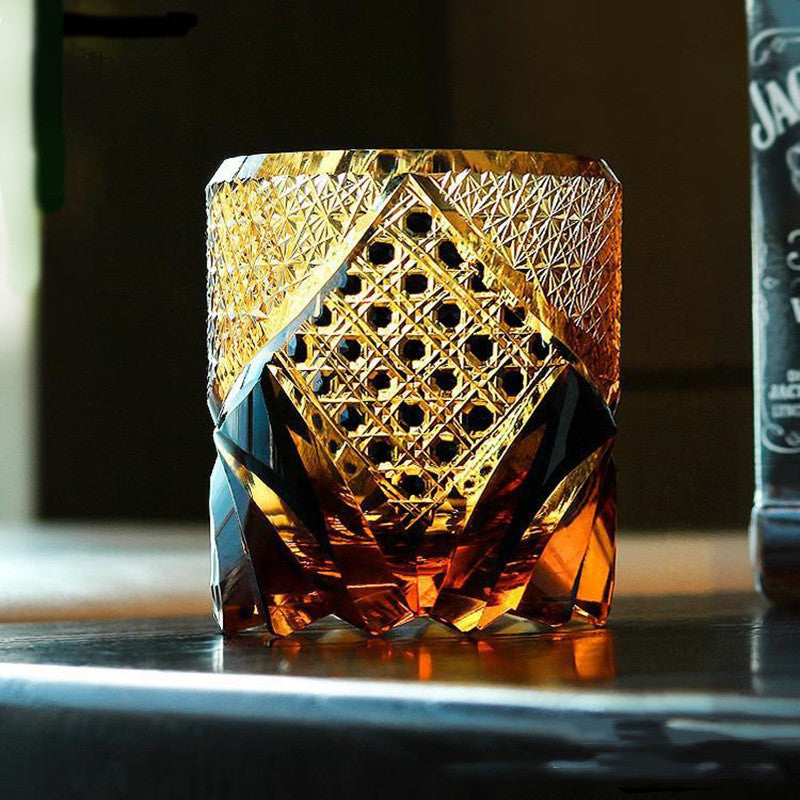 Japanese Style Crystal Whiskey Glass – Amber Black Engraved Cup