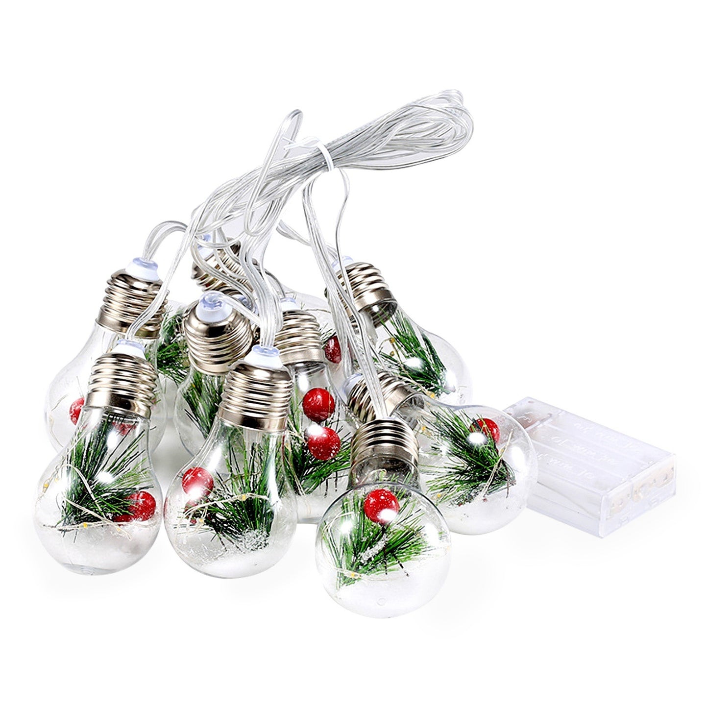 13.78FT Christmas Snow Globe String Lights – 10 LED Bulbs with Pine Needles, Snowflakes & Berries, Battery Powered