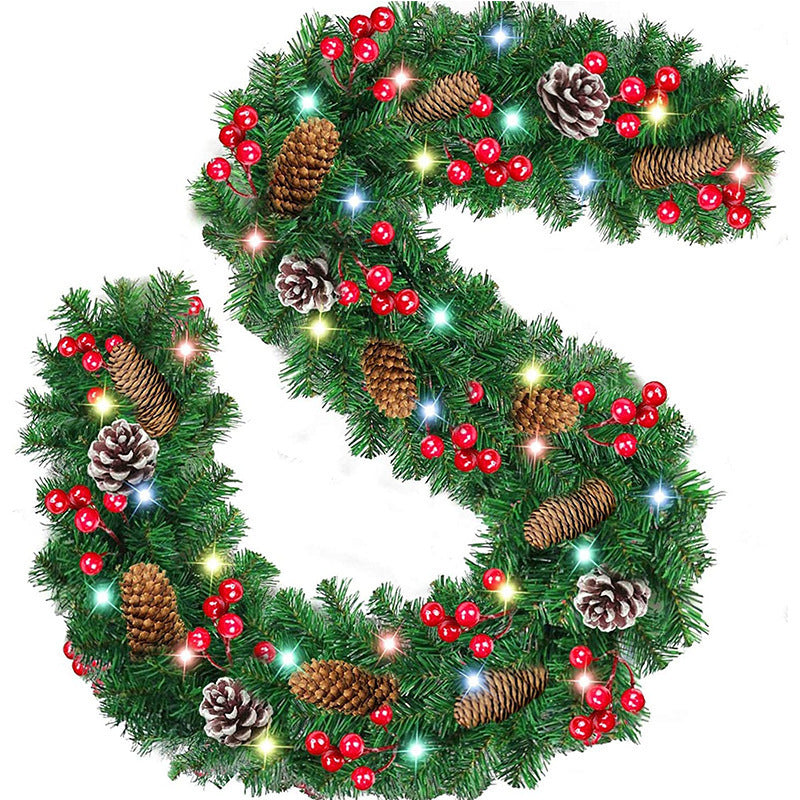 2.7m Artificial Christmas Pine Wreath Garland with Red Fruits, Pinecones & LED Lights