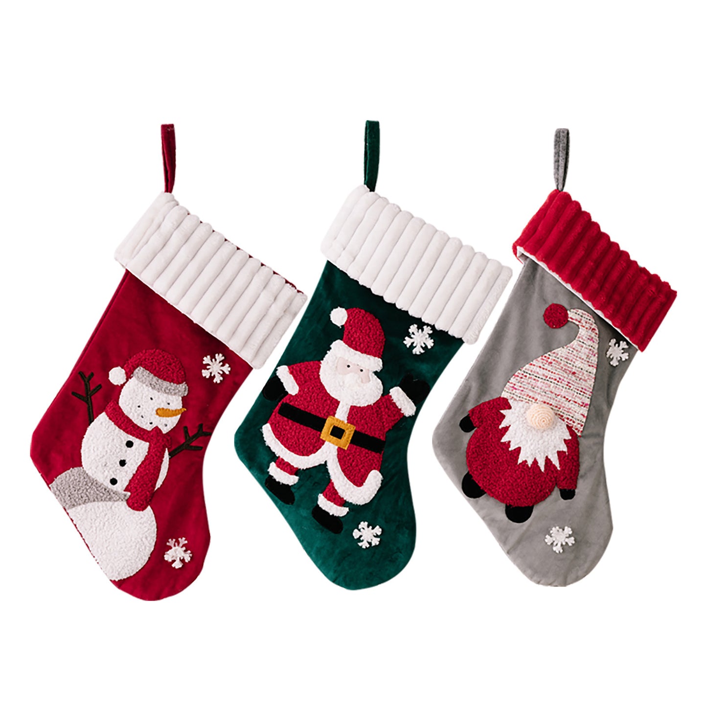 Gold Velvet Patch Christmas Stockings – Festive Cloth Holiday Decorations (Santa, Snowman, Dwarf)